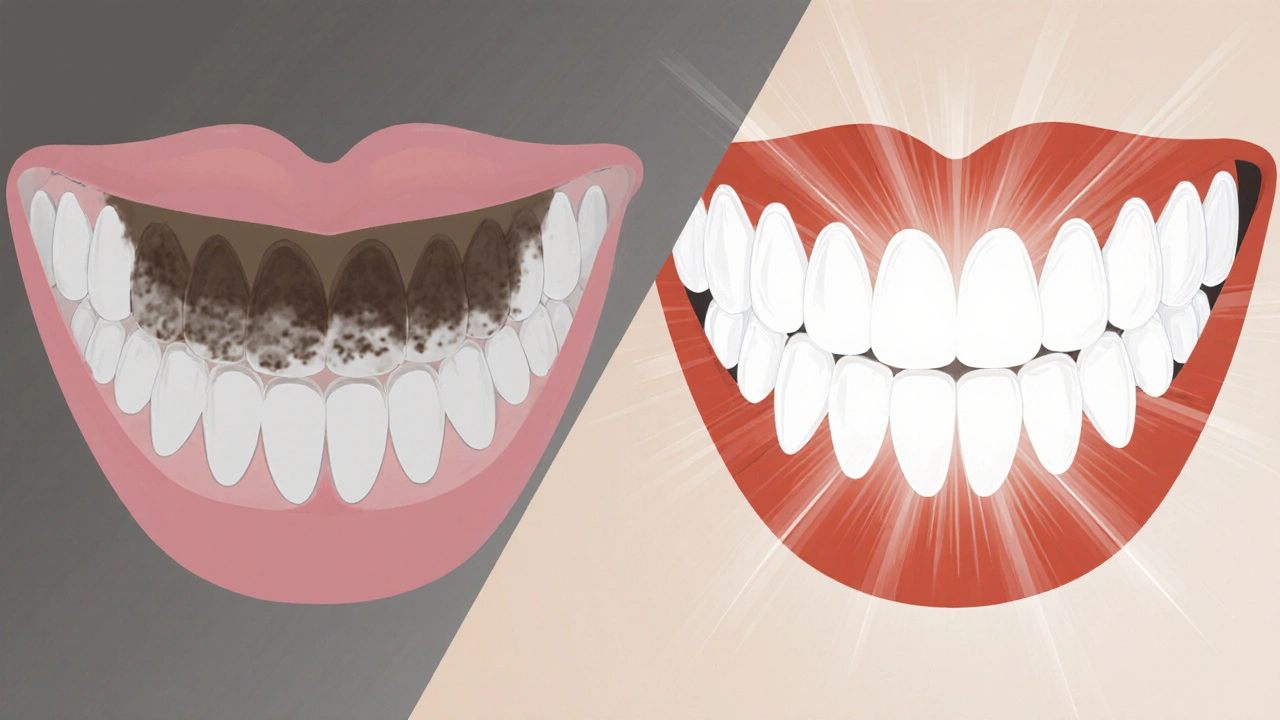 Before and after comparison of stained teeth versus bright white teeth after laser treatment.