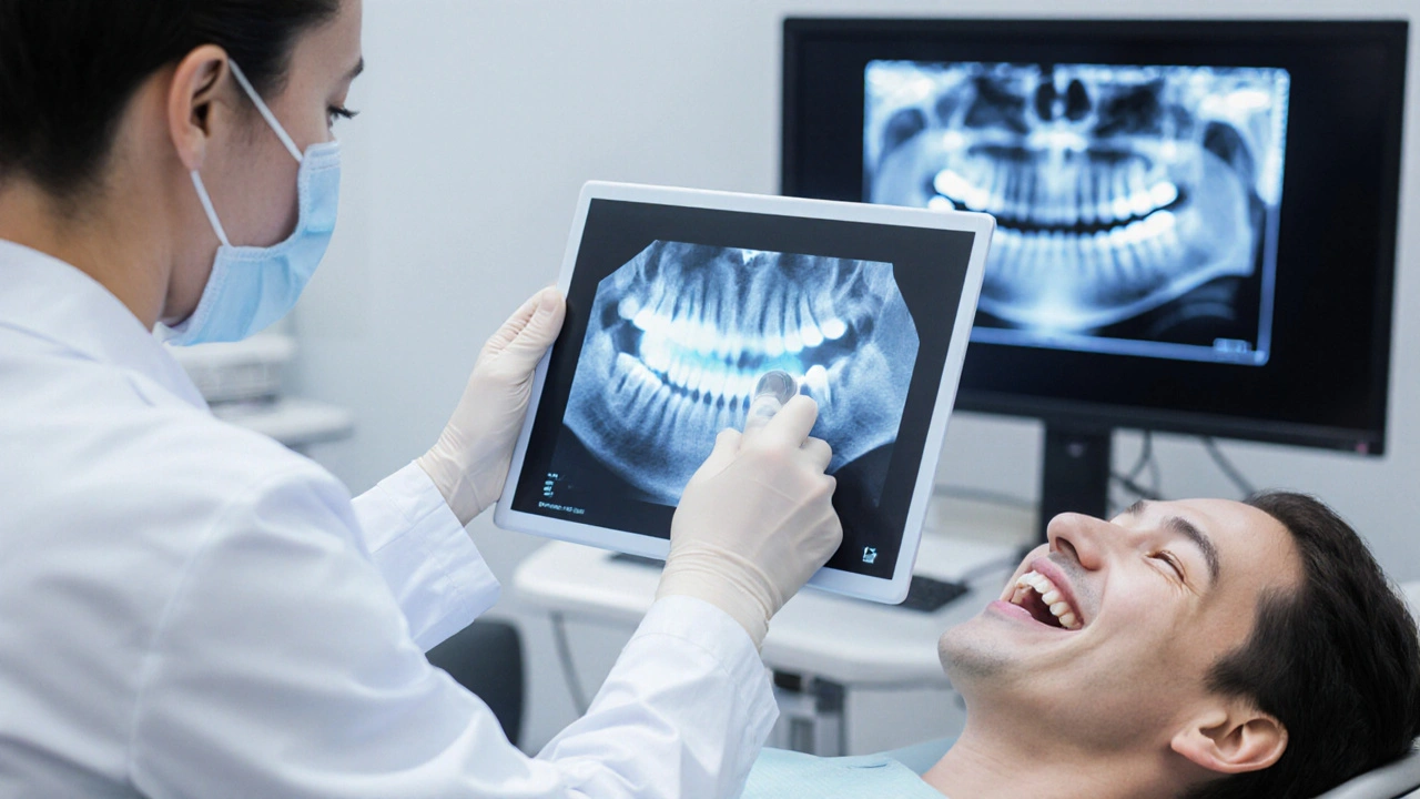 Dentista kontroluje digitální rentgen ukazující absces v kořeni zubu.
