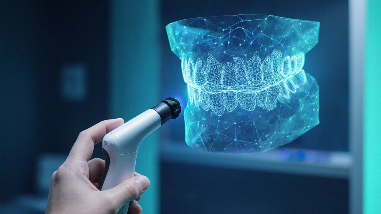 Digitální intraorální skener zachycuje ústní dutinu, nad ním vznáší se 3D model zubů.