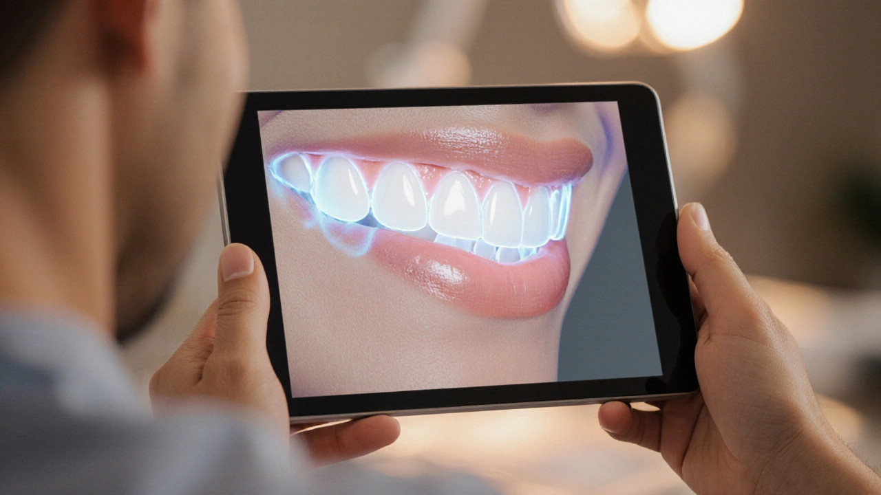 Digitální náhled před a po aplikaci keramických fazet na úsměv pacienta.