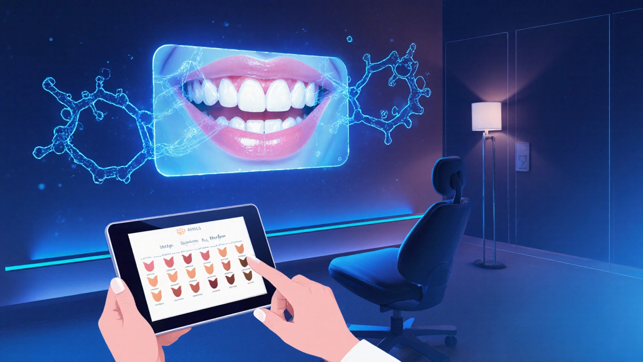 Futuristické studio s AR skenem zubů a digitálními možnostmi úpravy úsměvu.