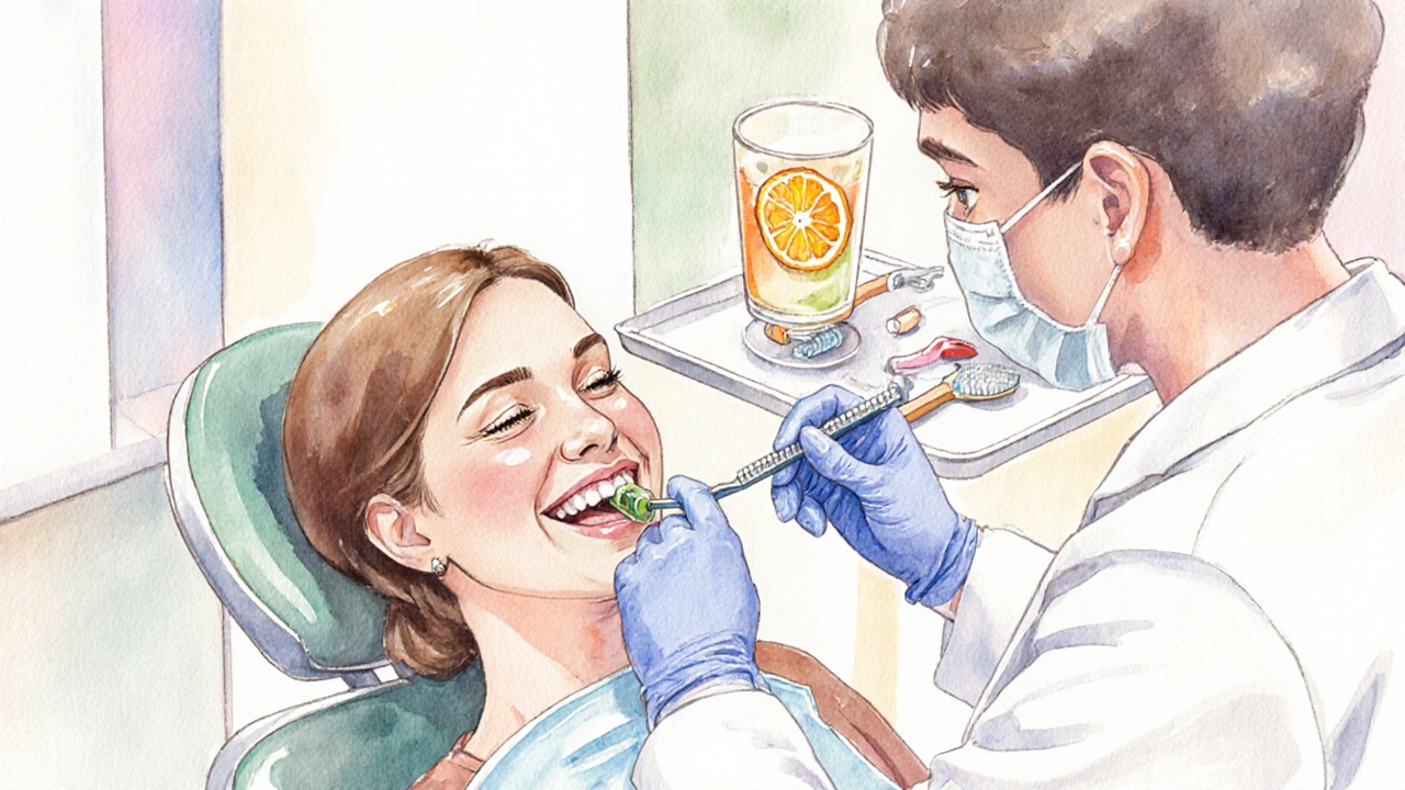 Ilustrace zubní prevence: čistící zubař, kartáček, vitamíny a vymazaná cigareta.