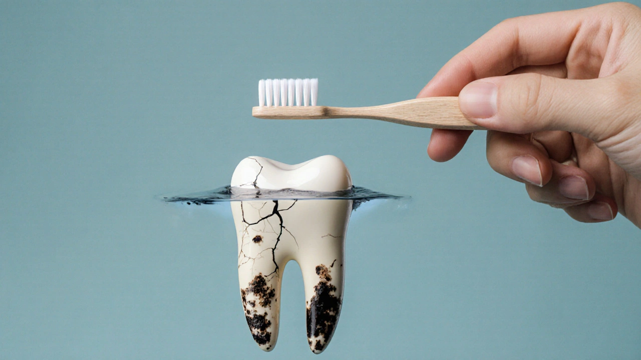 Keramické rovnátko s nánosy plaku pod ním, s jemným kartáčkem v pozadí.