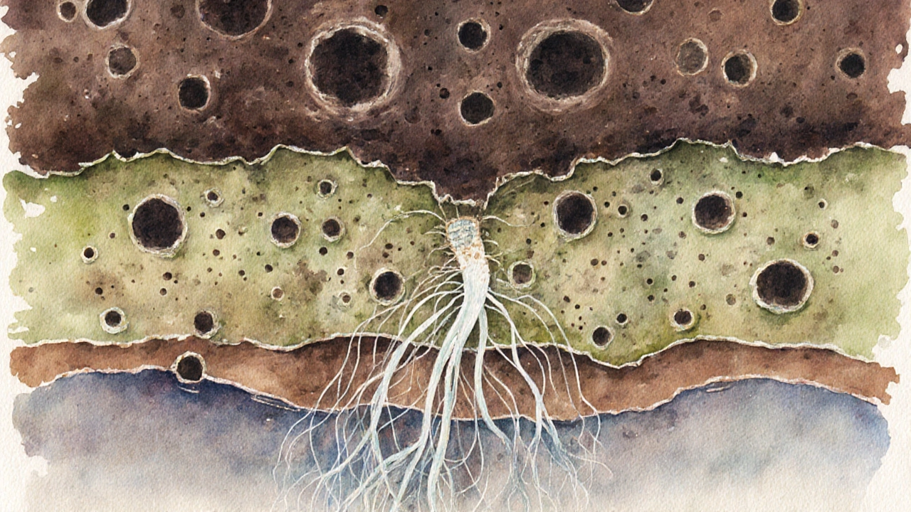 Kořeny obklopené mykorhizními houbami a vrstvy hlinité, písečné půdy s organickým humusem.