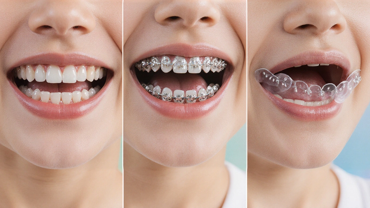 Makro záběr tří typů rovnátek: keramické, kovové a Invisalign.