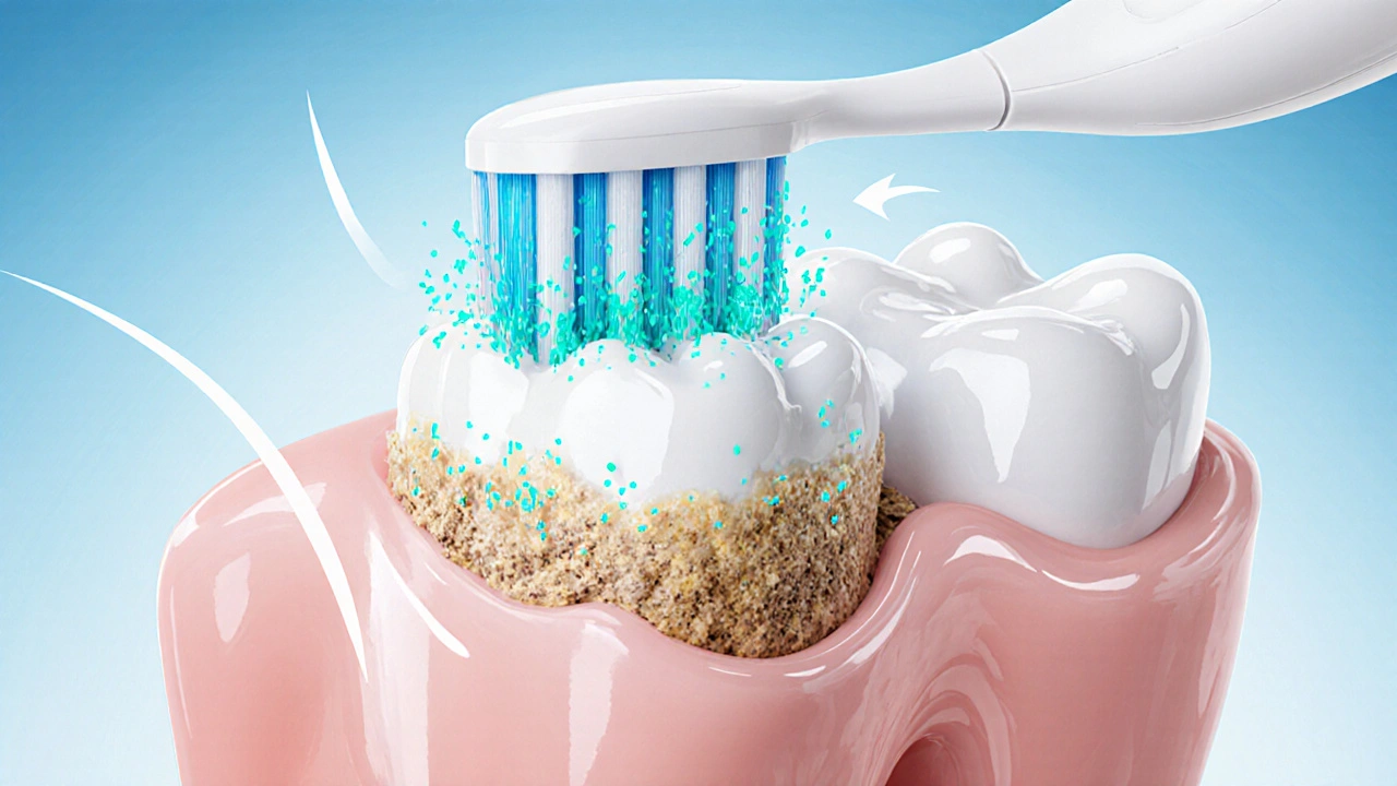 Microscopic view of a tooth where sonic vibrations disrupt plaque.