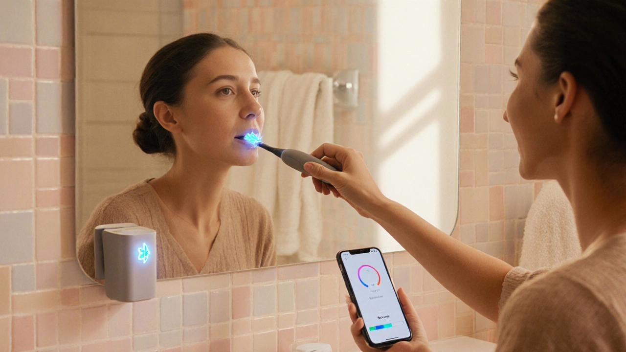 Person brushing teeth with a sonic toothbrush in a cozy bathroom.