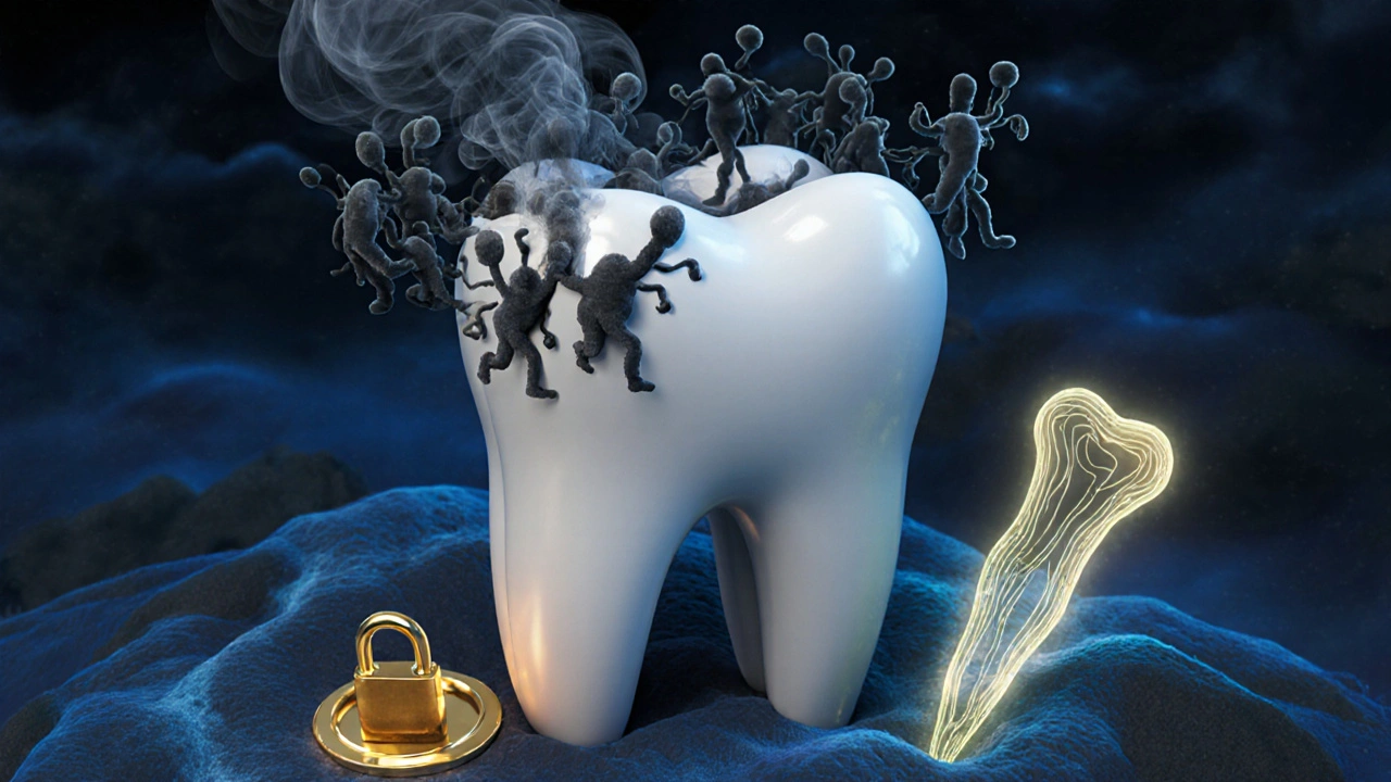 Symbolický obraz zubu jako pevnosti, kterou ochraňuje zapečetění infekce