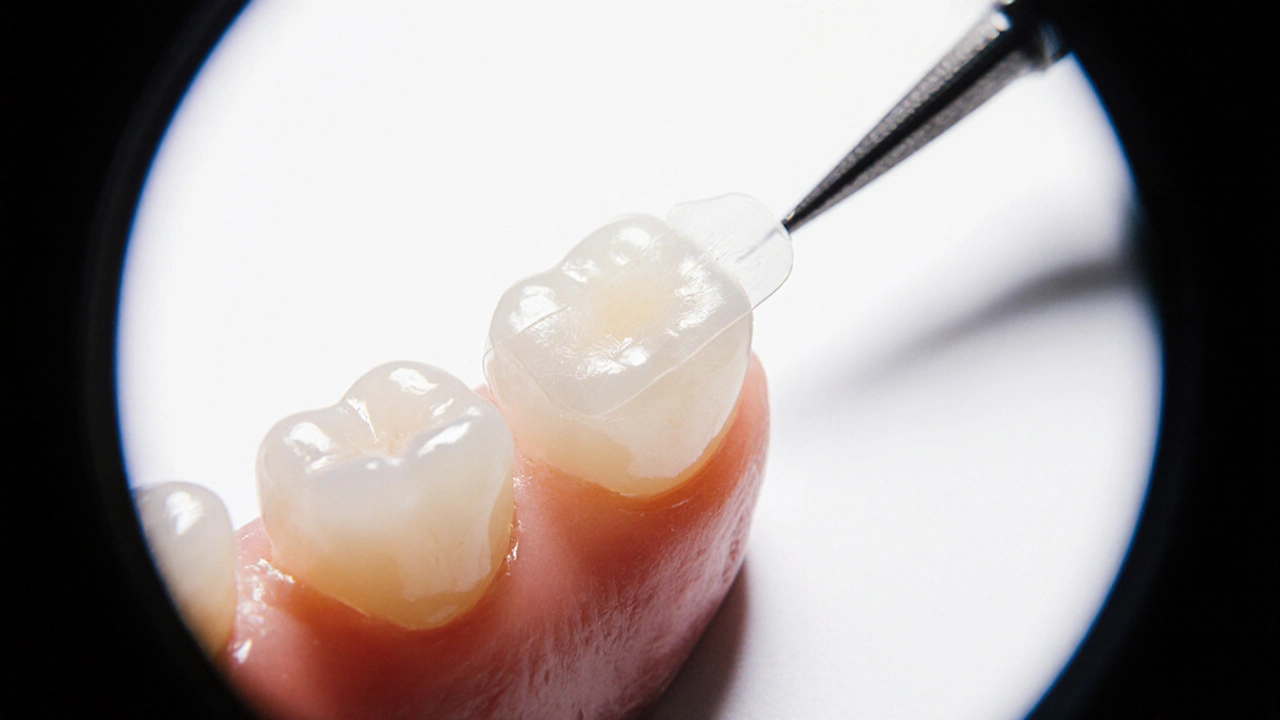 Tenká keramická fazeta přilepená na zub, zdůrazňující přirozený lesk a přesnost.