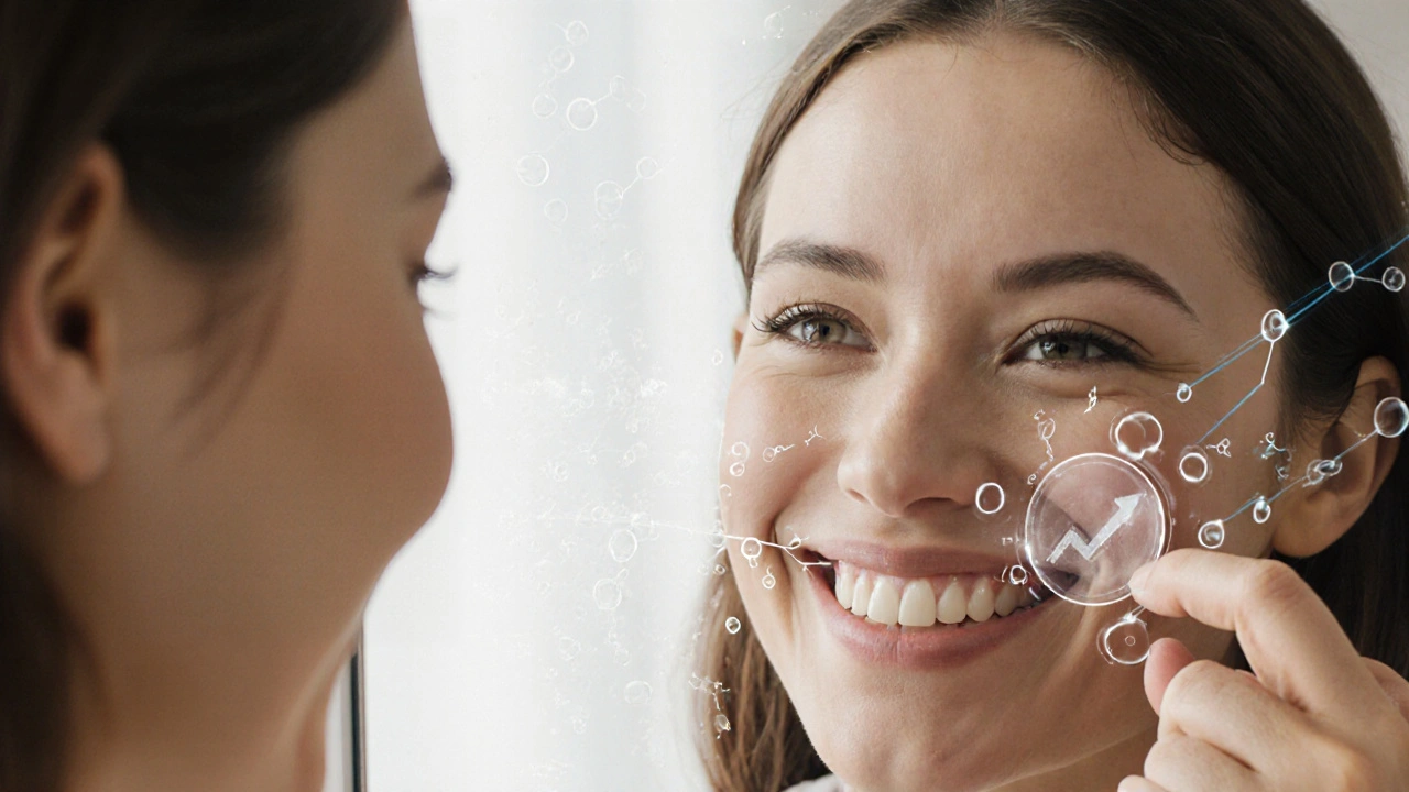 Woman smiling confidently, showing her newly whitened teeth in a mirror.