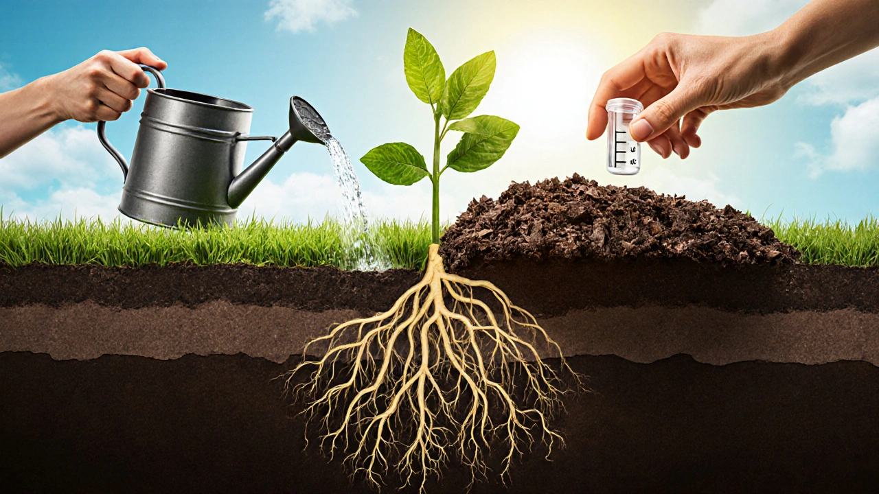 Zahradník zalévá, mulčuje a kontroluje pH, zatímco kořeny rostou silně a zdravě.