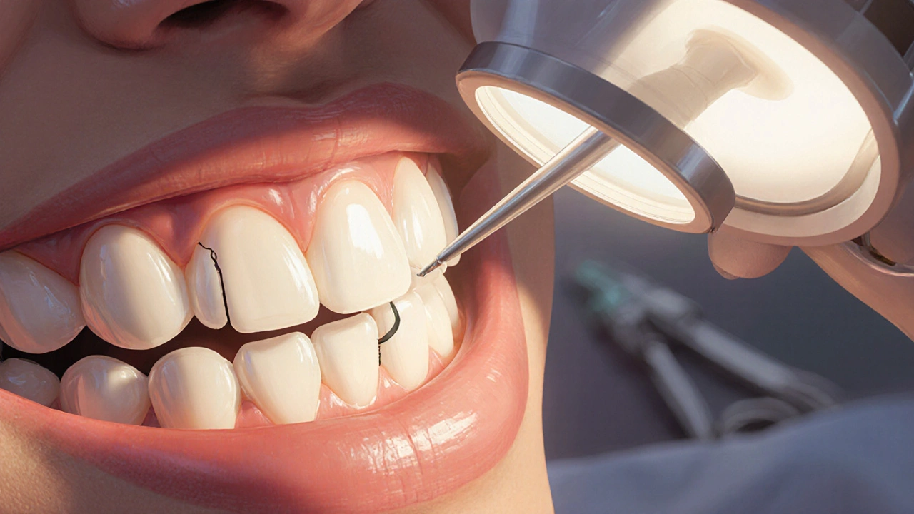 Zubní lékař opravuje jemnou trhlinu na keramickém rovnátku pomocí kompozitu.