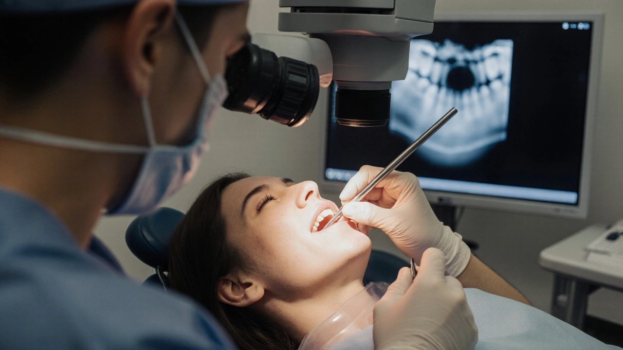 Zubní lékař provádí léčbu kořenového kanálu pod mikroskopem