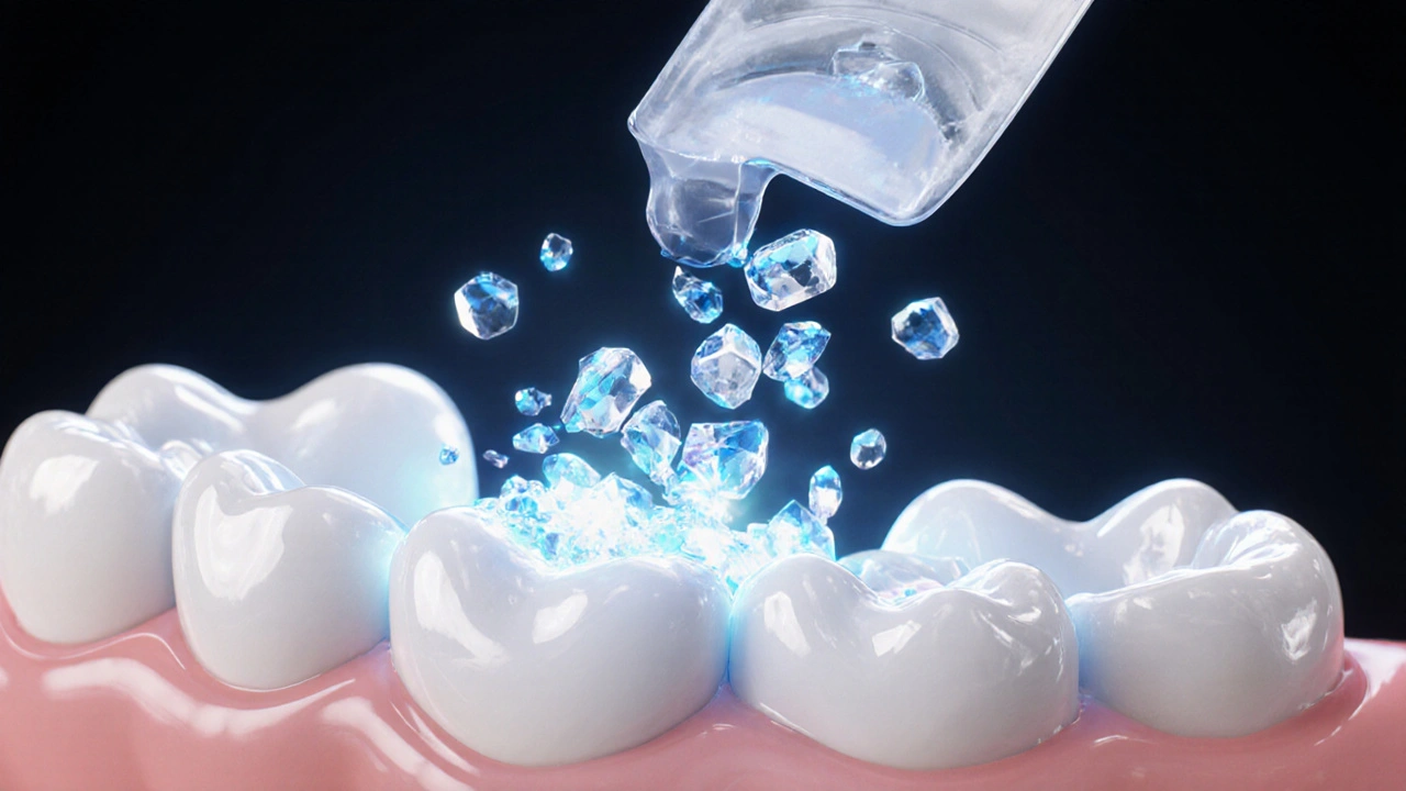 Abstraktní znázornění obnovy zubního emailu minerály během bělení.