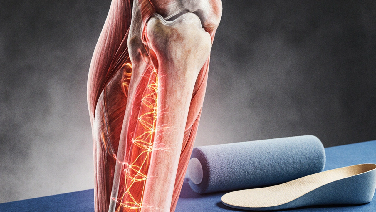 Anatomický náčrt dolní končetiny s mikrofrakturami v holení a zánětem svalů.