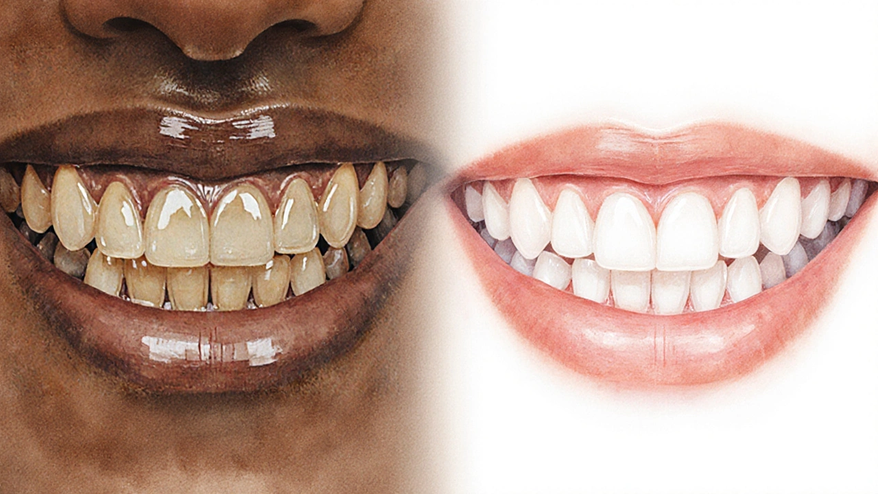 Before and after comparison of yellowed teeth transformed to bright white through professional whitening.