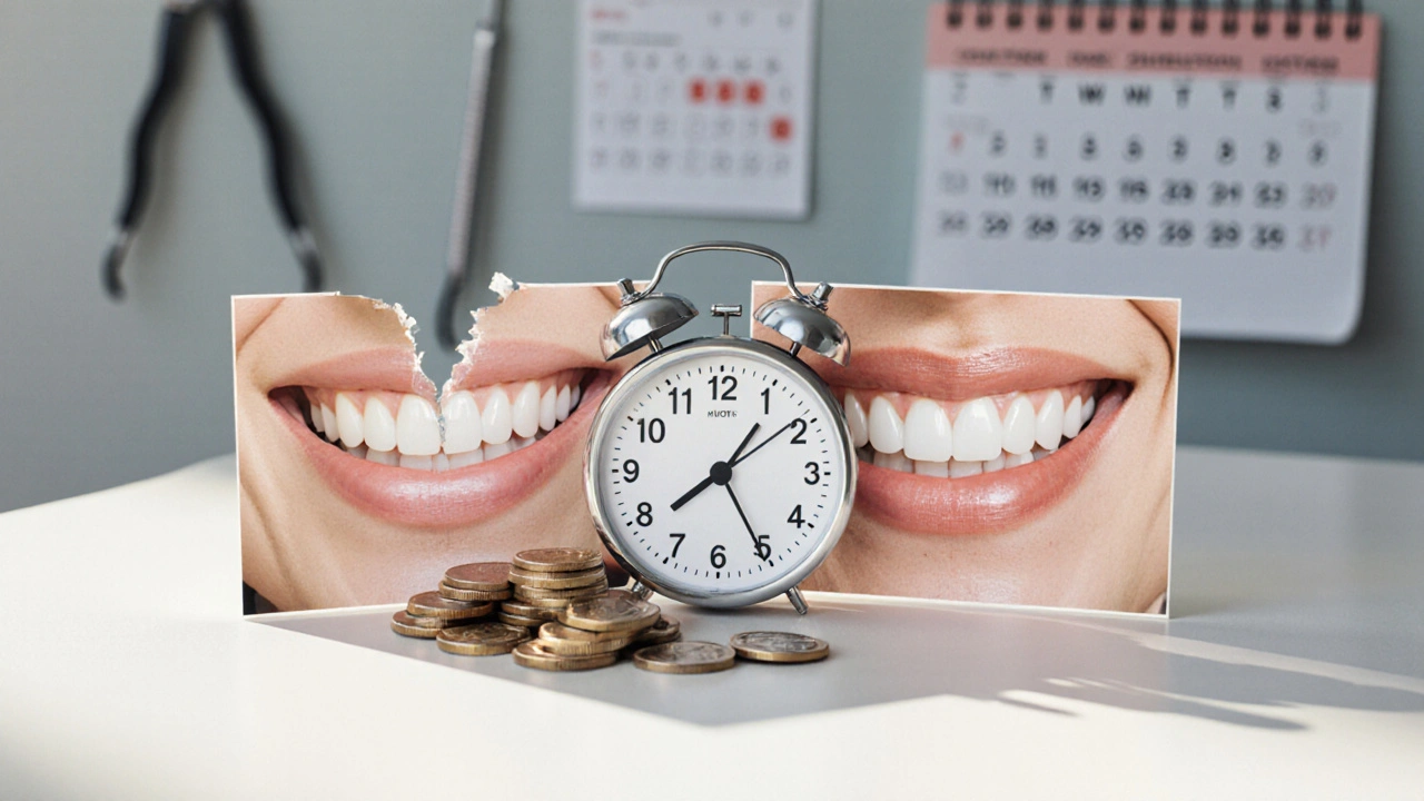 Broken dental crown next to coins showing cost difference between preventive care and replacement.
