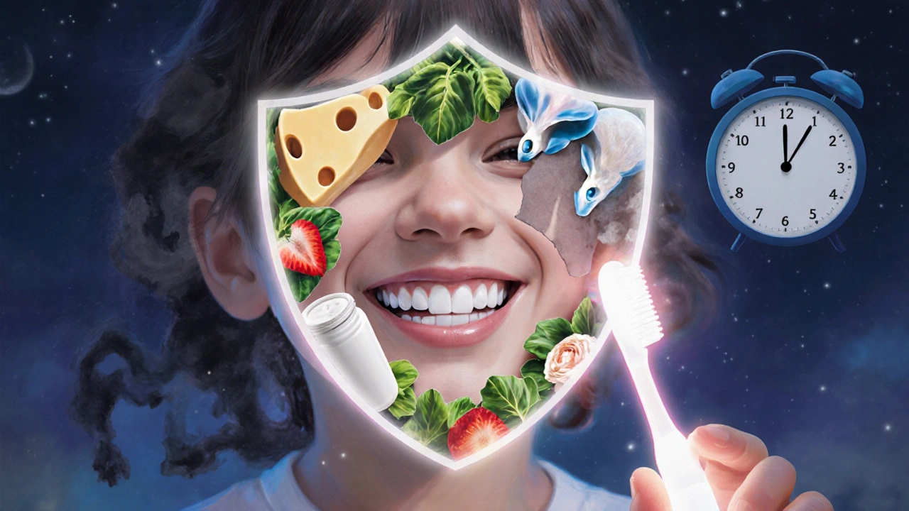 Chráněný úsměv dítěte světlem zdravých potravin a fluoridu, odpudivým tmám kávy.