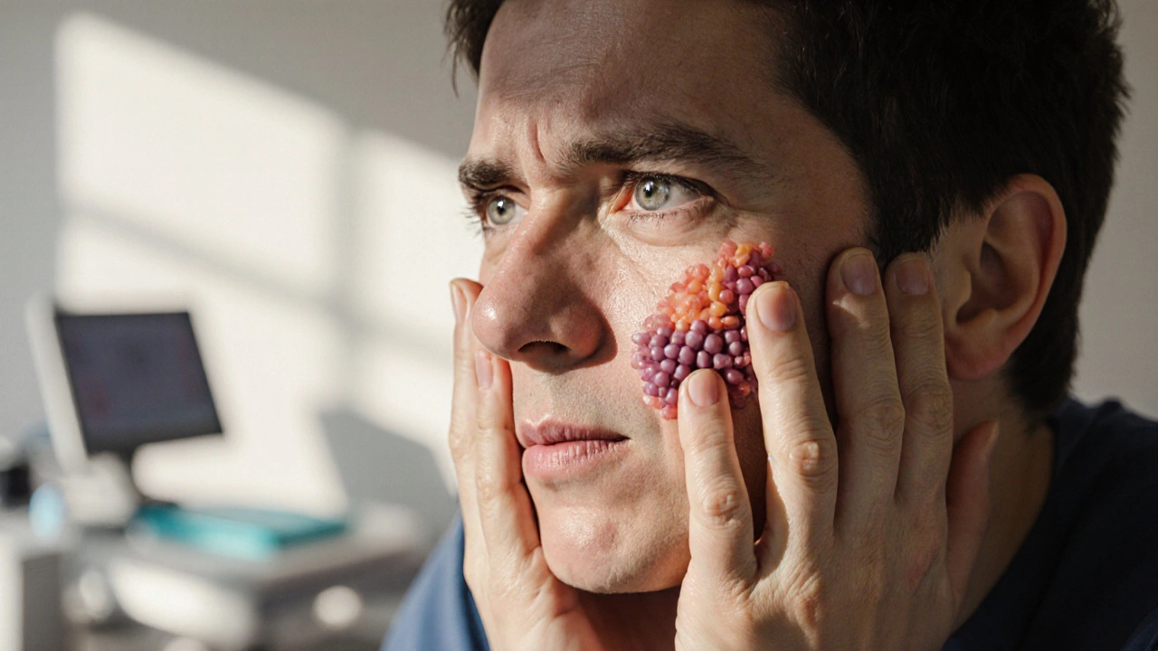 Člověk drží otoknutou tvář z důvodu zánětu zubu