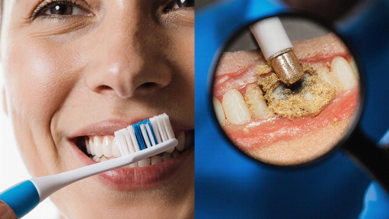 Dentista odstraňuje zubní kámen pod dásní ultrazvukovým přístrojem.