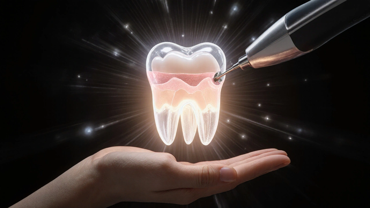 Digitální 3D model zubu s vrstvami kompozitu ve vzduchu.