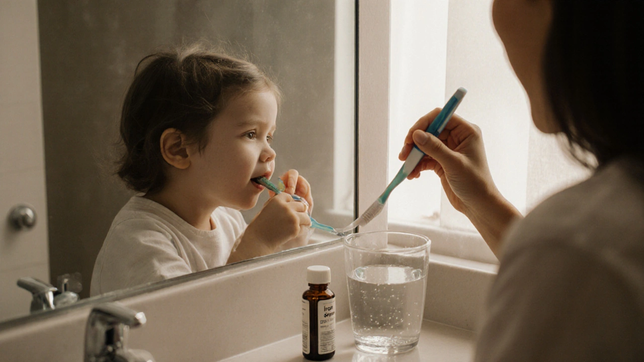 Dítě pije vodu po železném sirupu, rodič čistí jeho zuby