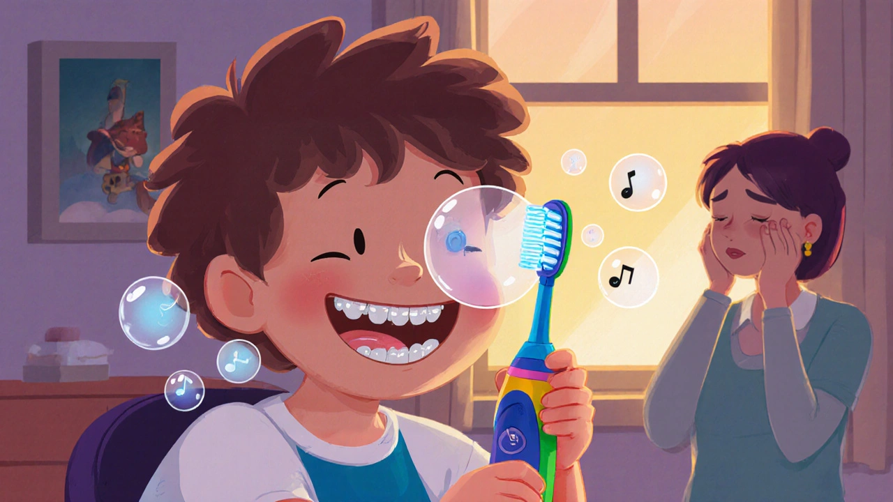 Dítě se usmívá, čistí si zuby barevným sonickým kartáčkem s hudebními bublinami.