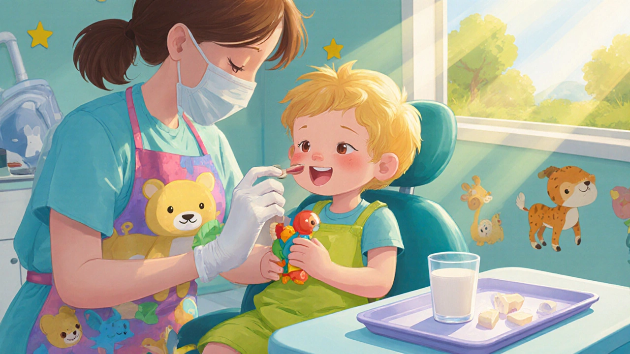 Dítě v dětské zubní klinice drží hračku, lékař prohlíží zlomený přední zub.