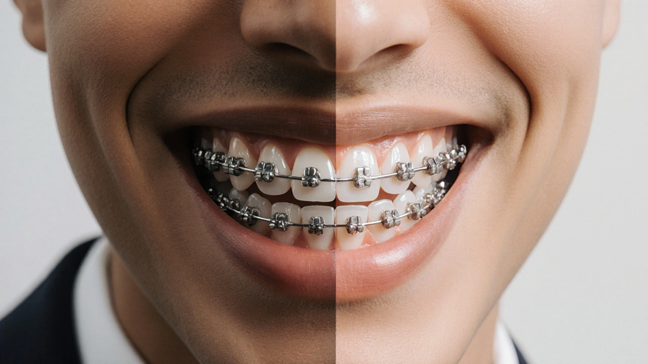 Dva modely zubů: kovová vs. keramická rovnátka, viditelný rozdíl v estetice.