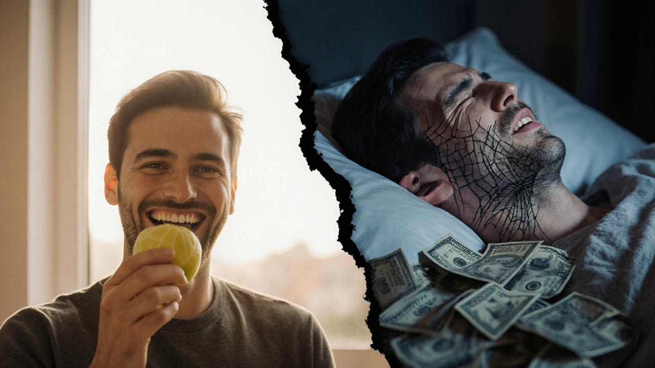 Dvě scény: jedna osoba jí jablko bez bolesti, druhá trpí v noci s rostoucími náklady na léčbu.