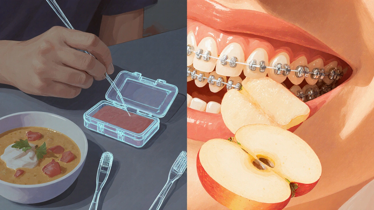 Dvě scény: jedna s měkkými potravinami, druhá s tenkými plátky jablka, vedle nich retentor a interdentalní kartáček.