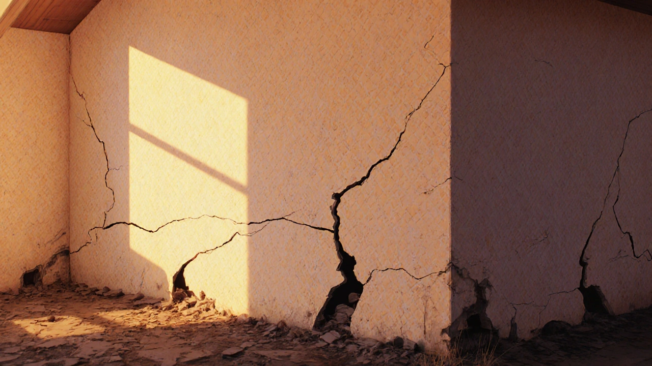 House with crooked walls covered by wallpaper showing cracks underneath.