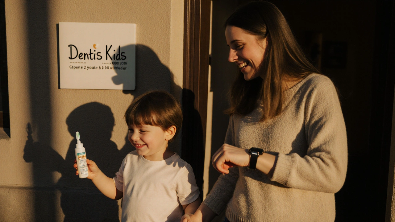 Matka a dítě odcházejí z kliniky, drží se za ruce s novou zubní kartáčkem.