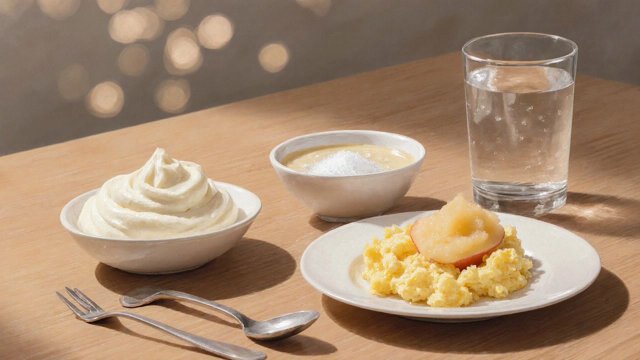 Měkké potraviny pro hojení po vytržení zubu: kaše, jogurt, vajíčka a pyré na stole.