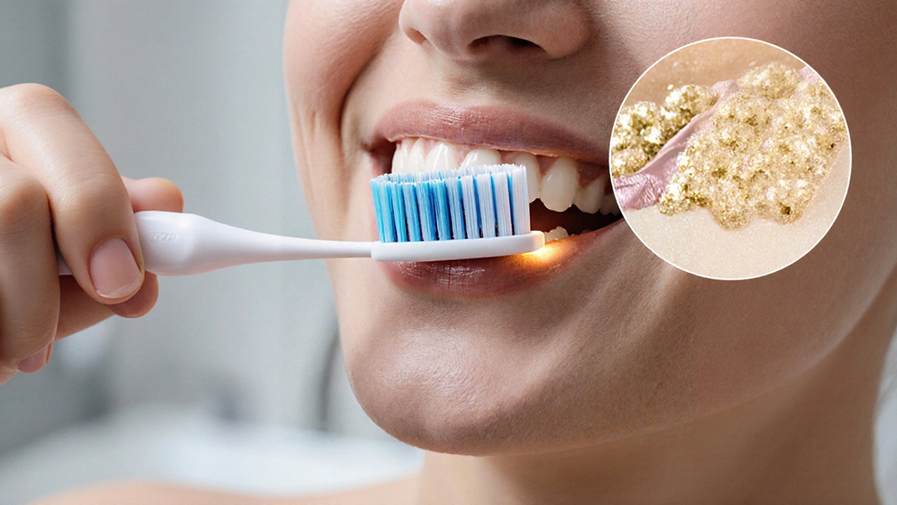 Měkký zubní kartáček čistí zuby, s mikroskopickými částicemi zubní pasty zasouvajícími se do trubiček.