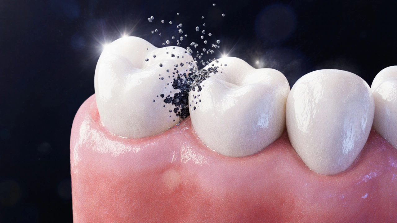 Mikroskopický pohled na obnovu zubního emailu minerály během léčby bez vrtání.