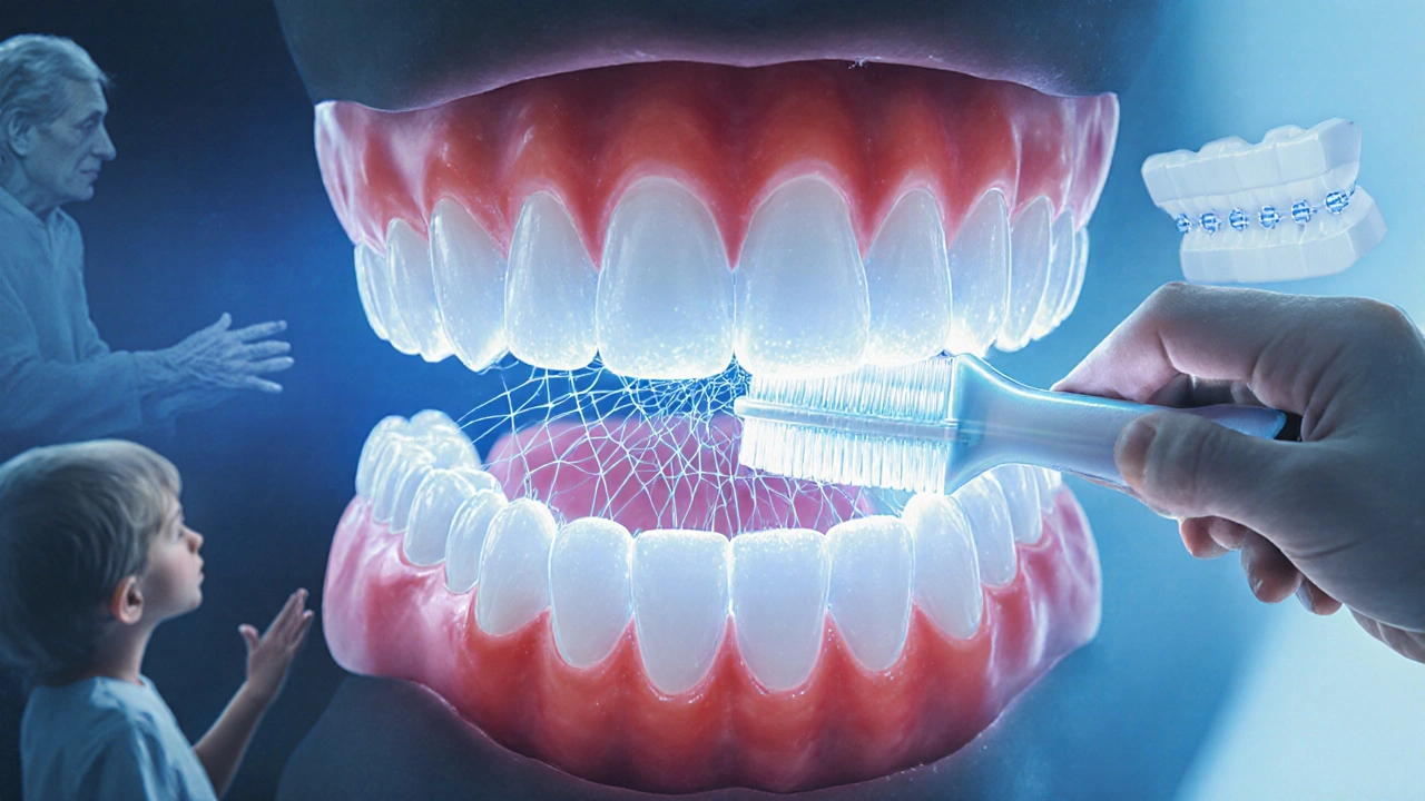 Mikroskopický pohled na štětiny odstraňující plak z mezer mezi zuby.