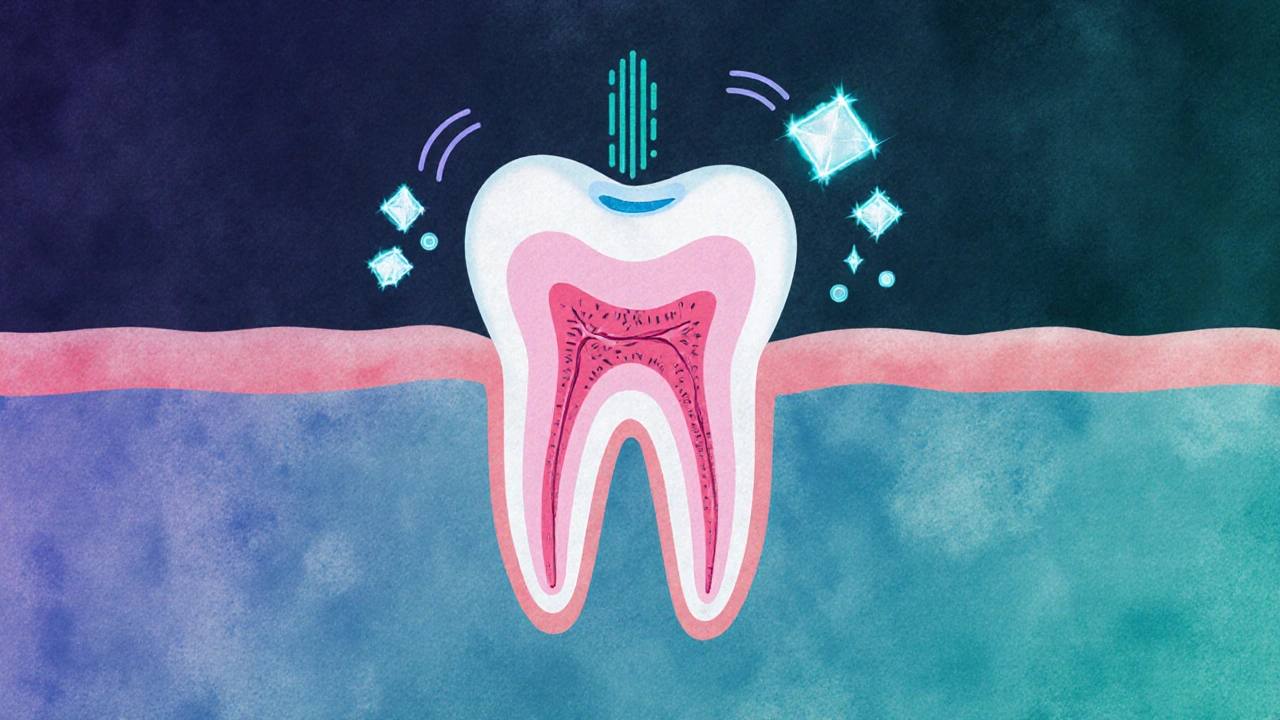 Mikroskopický řez zubem s otevřenými tubulami a přenášenými podněty.