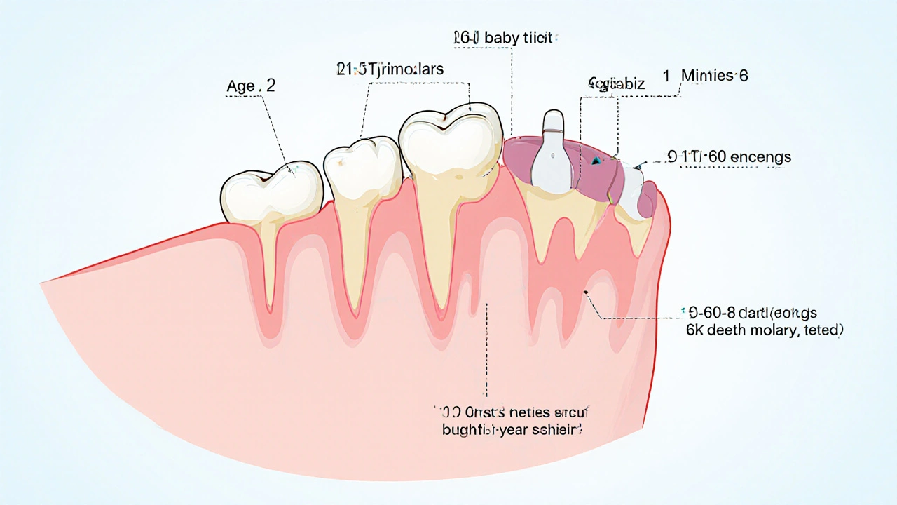 Náčrt vývoje zubů dítěte od mléčných po trvalé zuby v časovém sledu.