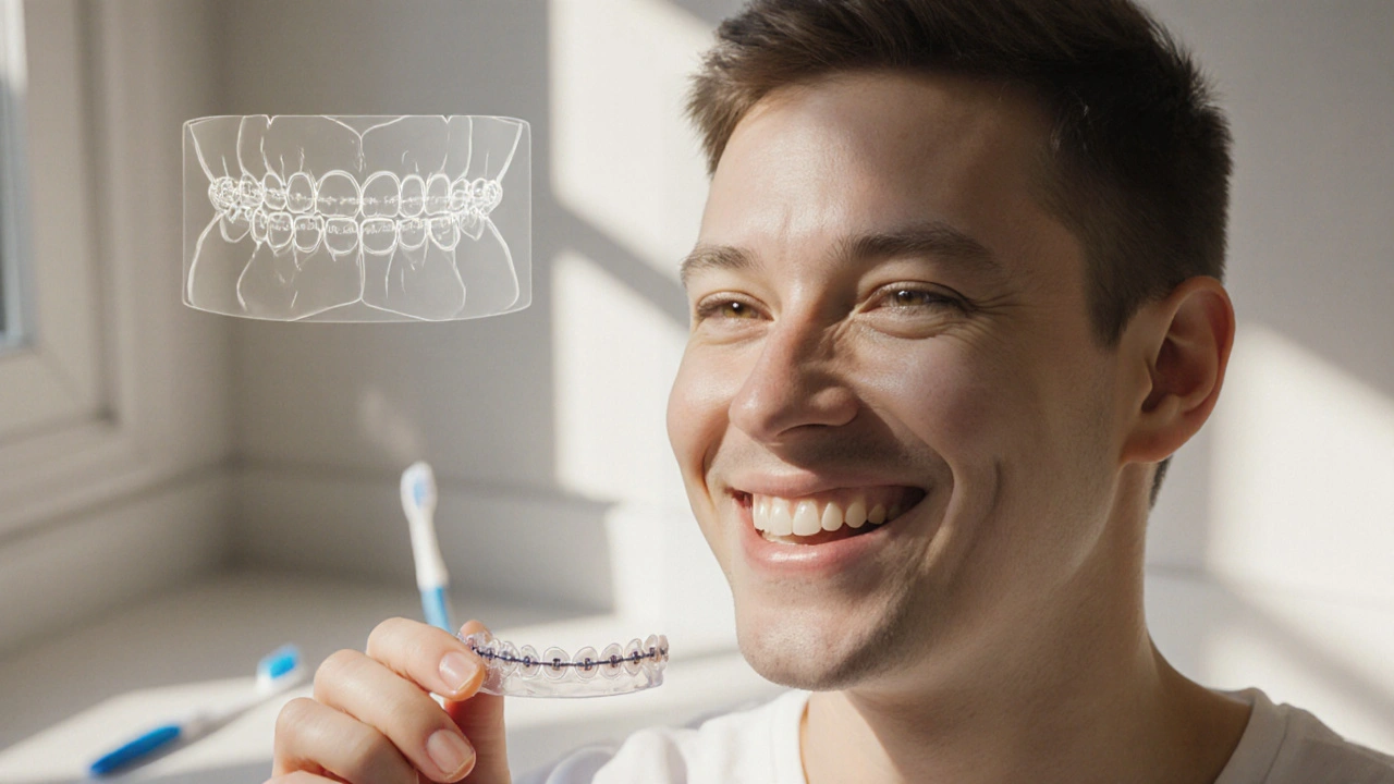 Osoba po odstranění rovnátek drží průhledný retentor, za ní se zvolna mění původní zuby, sluneční světlo osvětluje úsměv.