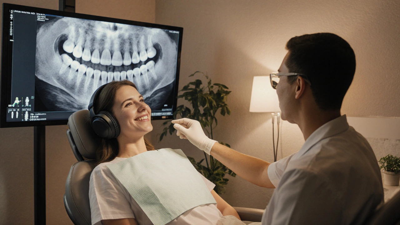 Pacient v klidné zubní klinice sleduje 3D sken zubů při klidném, podpůrném prostředí.