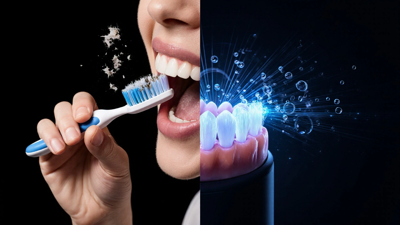 Porovnání: opotřebovaný kartáček s plakem vs. sonický s čistými zuby a bublinami.