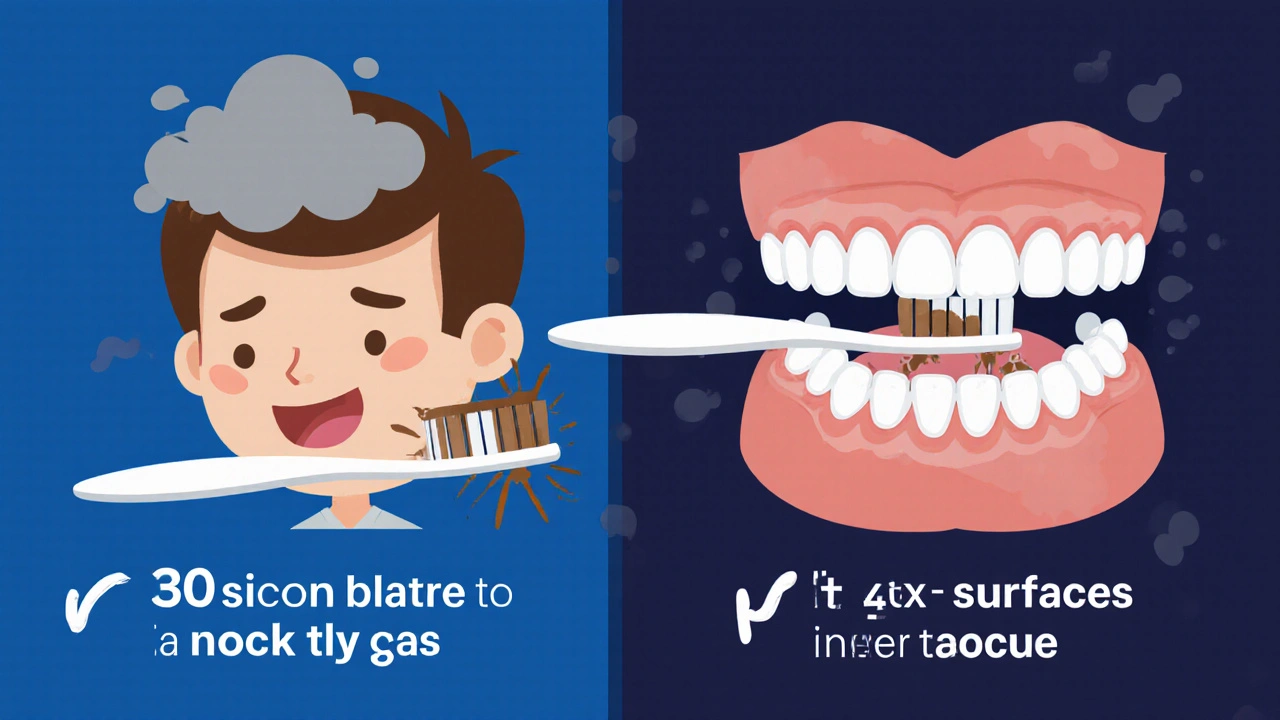 Porovnání špatné a správné techniky čištění zubů: levá strana s plakem, pravá s čistými zuby a jazykem.