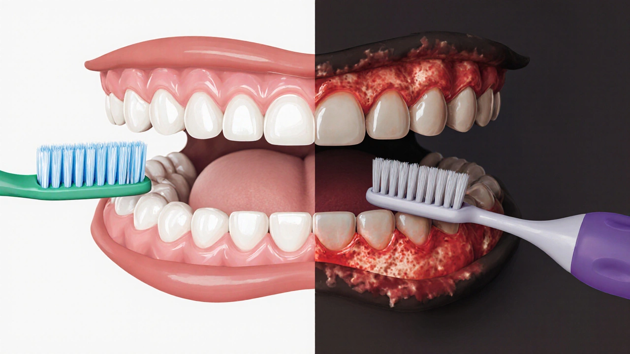 Porovnání zdravých a zánětlivých dásní s a bez používání mezizubních kartáčků.