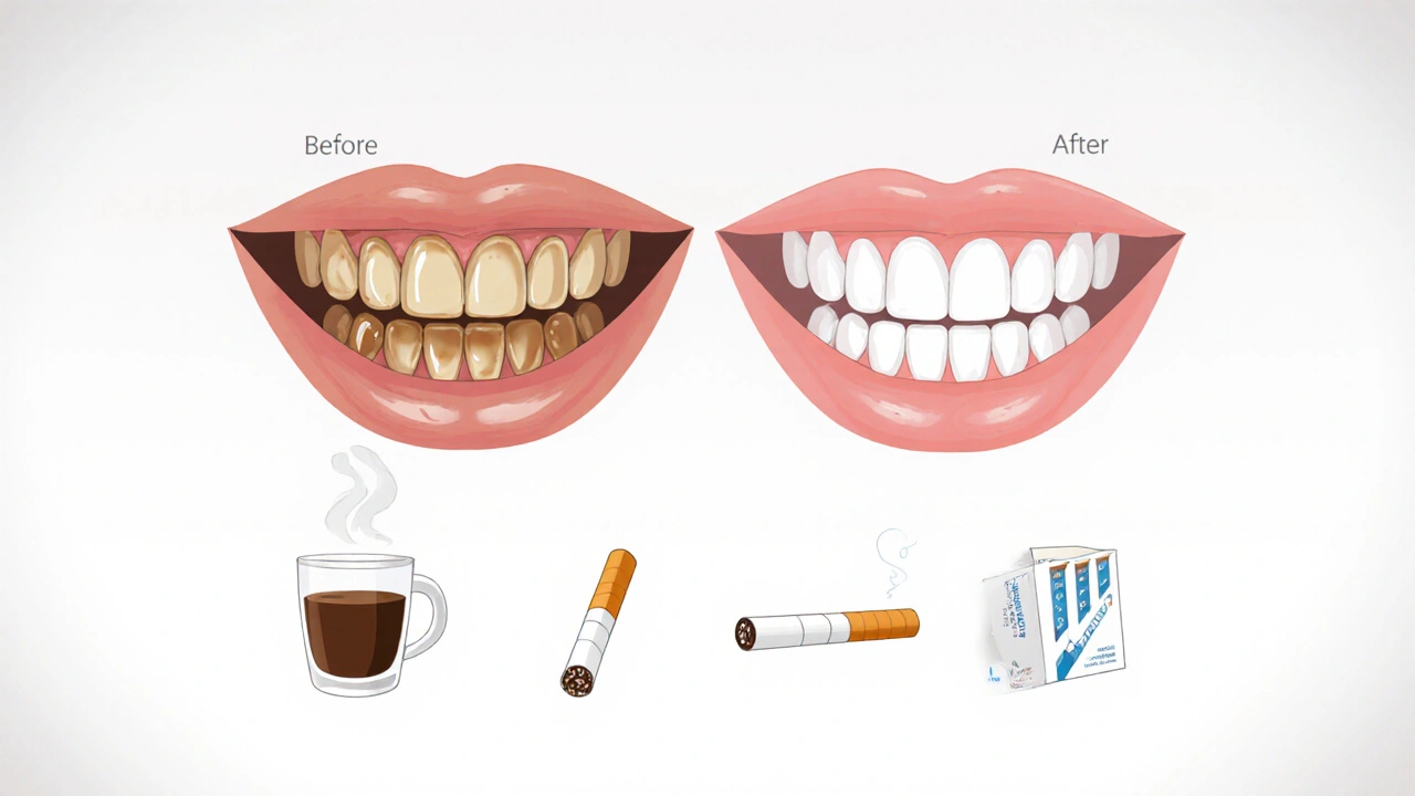 Porovnání zubů před a po bělení: jedna strana je zbarvená, druhá jasnější a čistší.