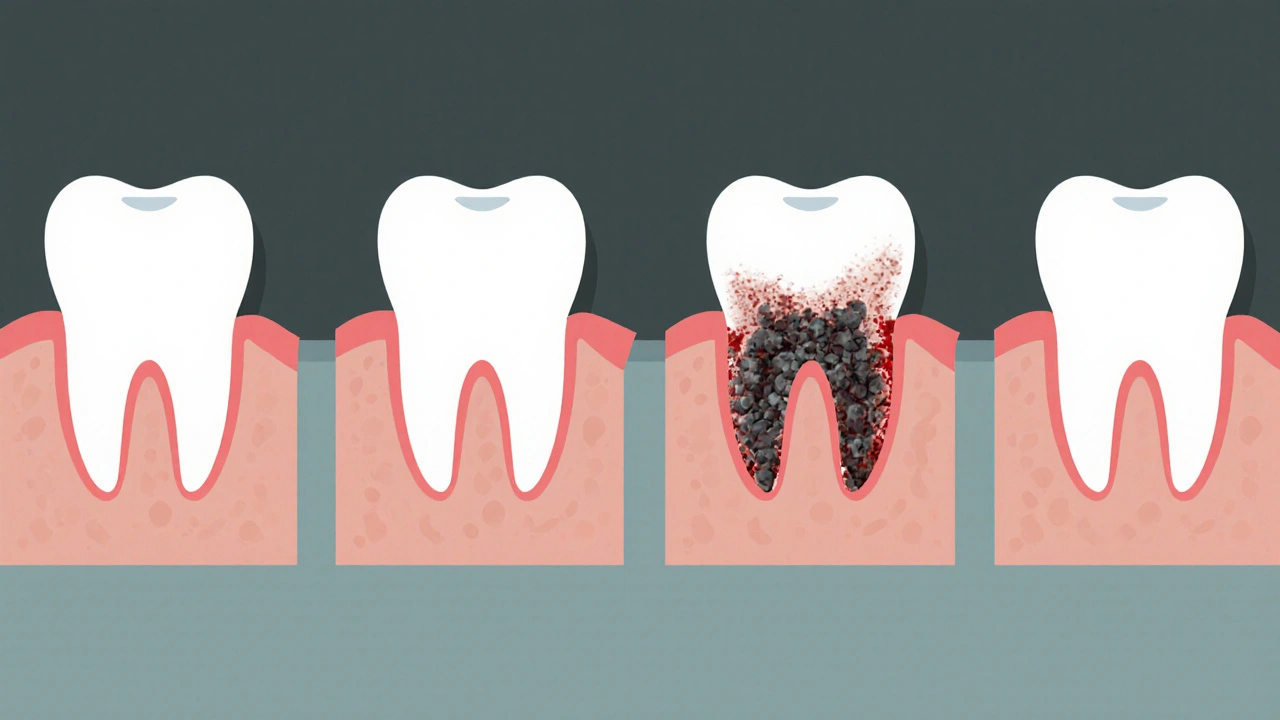 Postupné ničení kosti a zubu kvůli neodstraněnému mezizubnímu kamenu.