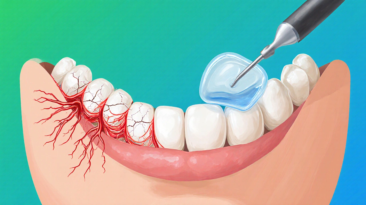 Přechod od citlivého zubu s poškozenou sklovinkou k zdravému zubu s ochranným gelovým povlakem.