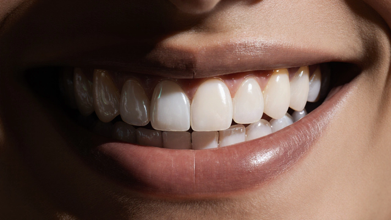 Přední zuby s e-max korunkami v porovnání s metalokeramickou korunkou s viditelným šedým okrajem.