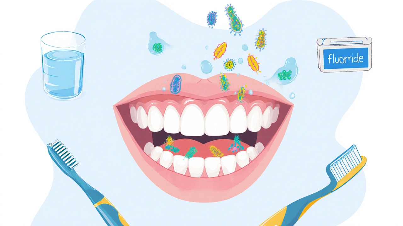 Přehled vnitřní stavby dětského ústního ústrojí s mléčnými a trvalými zuby.