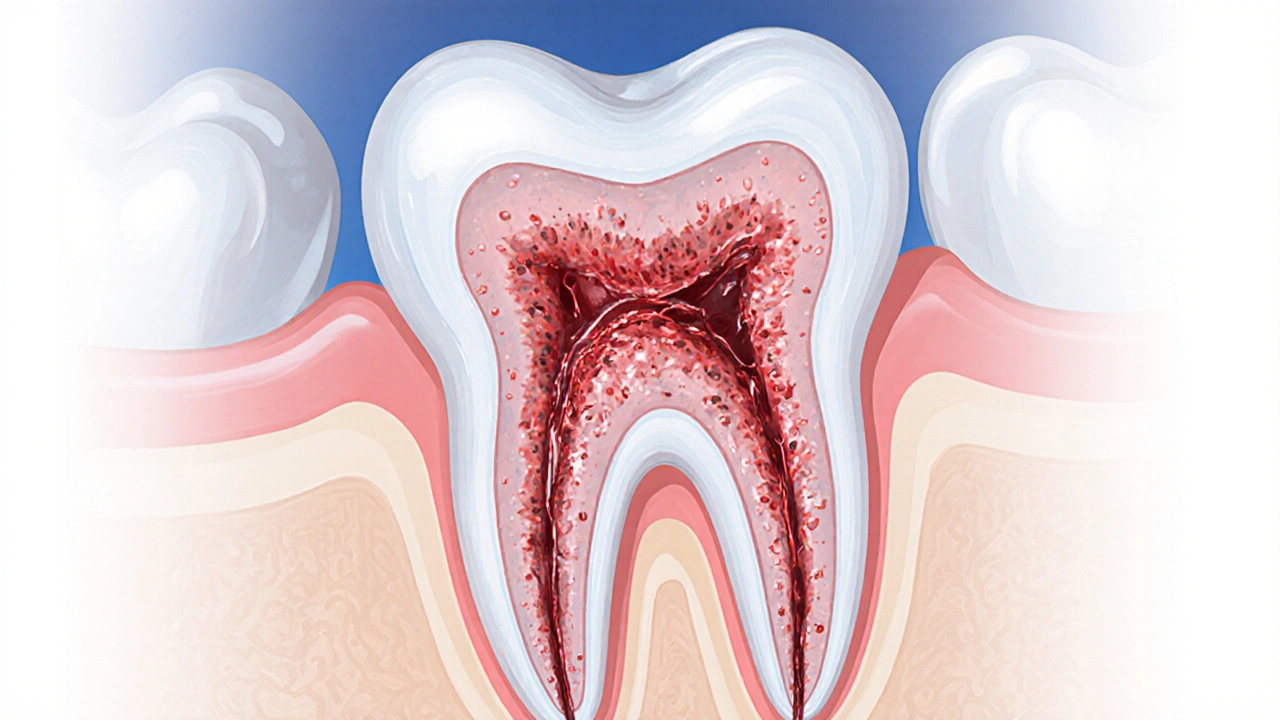 Průřez zubem s infikovaným drátem a šířící se infekcí do čelisti